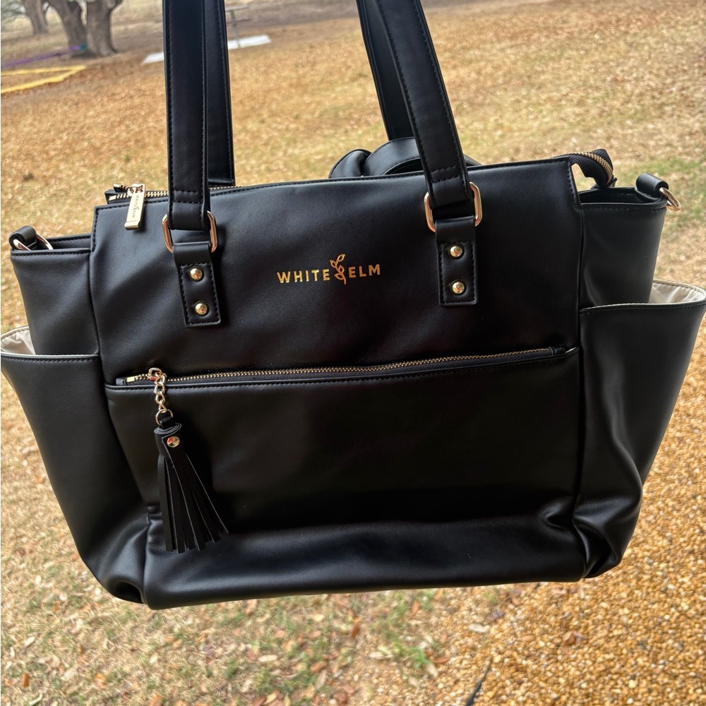 White Elm Gemini Black Tote Bag with Tassel, Gold Hardware,